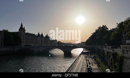 sunset in paris close to river seine Stock Photo