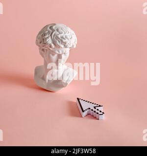 Michelangelo's david statue roman bust and mouse cursor display of computer and modern technology in minimal retrowave style. Stock Photo