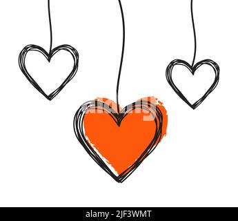 Tangled scribbled heart hanging on a string, hand drawn with thin line and red ink heart, divider shape. Isolated on white background. Vector illustra Stock Vector