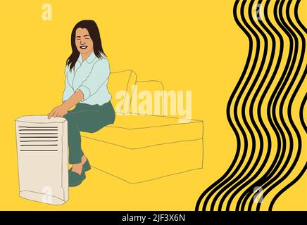 Woman sitting near air purifier and moisturizer appliance near sofa. Health microclimate at home concept. Vector illustration Stock Vector