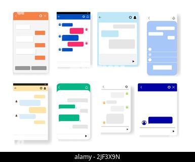 Set of chat bot dialoges windows for website and mobile app. Collection of group text messaging app on smartphone screen. Vector template Stock Vector