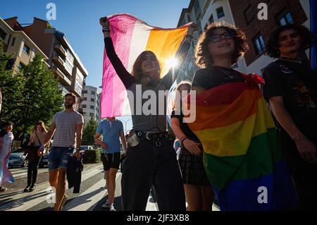 Pamplona, Spain. 28th June, 2022. Demonstrators celebrate with flags during the Gay Parade on the streets of Pamplona. Hundreds of people demonstrated through the streets of Pamplona, on the occasion of the celebration of Gay Pride, drag queens, and flags flowed on the streets in vindication of the rights of the LGTBQ   collective. (Photo by Elsa A Bravo/SOPA Images/Sipa USA) Credit: Sipa USA/Alamy Live News Stock Photo
