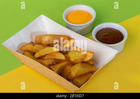 French fries with two sauces in a paper plate. Fast food. Colored background. copy space Stock Photo