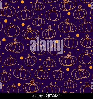 Doodle Pumpkin seamless pattern. Different gourd on purple background. Outline hand-drawn vegetable. Vector line illustration for package, wallpaper, Stock Vector