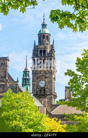 Sheffield Town Hall Clock Tower from Millennium Square, Sheffield, South Yorkshire, England, United Kingdom Stock Photo