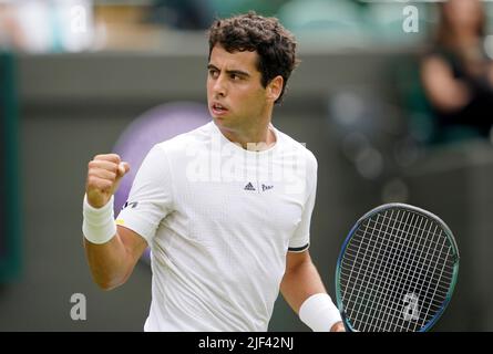 Jaume Munar reacts during his match against Cameron Norrie on day three of the 2022 Wimbledon Championships at the All England Lawn Tennis and Croquet Club, Wimbledon. Picture date: Wednesday June 29, 2022. Stock Photo