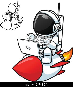 Cute Astronaut Playing Laptop on Rocket with Black and White Line Art Drawing, Science Outer Space, Vector Character Illustration, Outline Cartoon Stock Vector