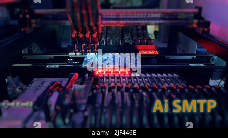 Digital technologies for automation of industry. Red neon lights illuminate Chip Components for automation test. Ai SMTP Concept: Production of high-tech computer Chips on an automatic SMT machine. Stock Photo