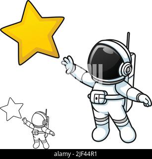 Cute Astronaut Standing Reaching Star with Black and White Line Art Drawing, Science Outer Space, Vector Character Illustration, Outline Cartoon Stock Vector