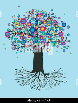 A vector illustration of a tree of life with abstract round rainbow colored flowers. Also yggdrasil. The trunk is dark green. Stock Vector