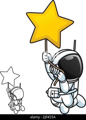 Cute Astronaut Hanging on The Star with Black and White Line Art Drawing, Science Outer Space, Vector Character Illustration, Outline Cartoon Mascot Stock Vector