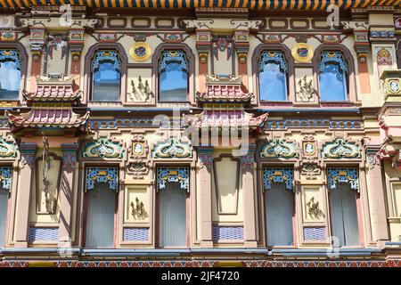 Unique decor of the Perlov Tea House on Myasnitskaya Street, 1890-1893, architectural elements of the facade, landmark: Moscow, Russia - 04 June, 2022 Stock Photo