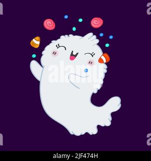 Cute Ghost Clipart for Kids Holidays and Goods. Happy Clip Art Halloween Ghost Juggling Candy. Vector Illustration of an Halloween Monster for Stock Vector