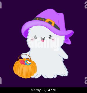 Halloween Ghost Clipart in Cute Cartoon Style Beautiful Clip Art Ghost with Pumpkin. Vector Illustration of an Halloween Monster for Prints for Stock Vector
