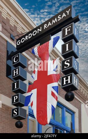 Nevada USA, 05-09-21 This is the colorful sign of the Gordon Ramsay Fish & Chips restaurant located on The Linq Promenade in Las Vegas. Stock Photo