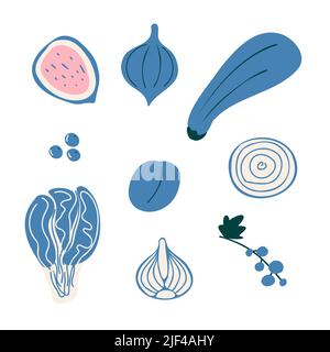 Abstract simple blue fruit and vegetables set, vegeterian food collection. Fresh doodle kids plum, sliced fig, eggplant, berries, onion, chinese cabbage healthy menu poster pattern vector illustration Stock Vector
