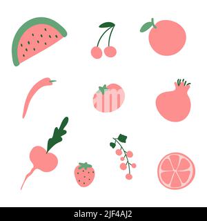 Abstract simple red fruit and vegetables set, vegeterian food collection. Fresh doodle kids cherry, apple beetroot berries watermelon tomato pomegranate chilli healthy menu pattern vector illustration Stock Vector