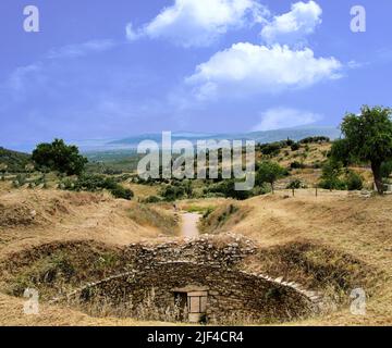 One of the most precious treasures of ancient Greece, hidden in the heart of the Peloponnese peninsula, is the city of Mycenae, a UNESCO Site. Stock Photo