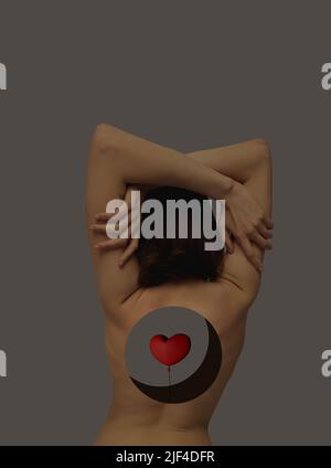 Contemporary art collage. Conceptual image with tender woman having hole inside body and little heart image. Loving feeling Stock Photo