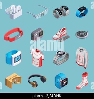 Wearable technology sensor tracking activity gadgets clothes accessories shoes vr kit isometric icons set isolated vector illustration Stock Vector