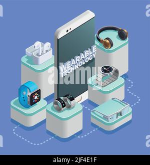 Wearable technology advanced sensor tracking activity gadgets isometric composition with smart watch rings ar glasses vector illustration Stock Vector