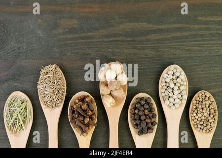 Top View of Assortment of Spices in Wooden Spoons Stock Photo