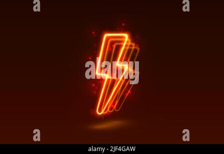 Neon sign of lightning signboard on the red background. Vector illustration Stock Vector