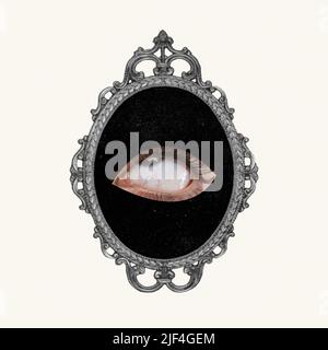 Contemporary art collage. Conceptual image with female eyes in black mirror isolated over white background Stock Photo