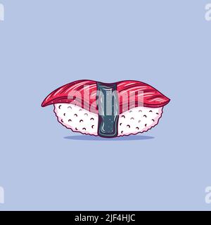 Maguro sushi outline. Japanese traditional food icon with tuna fish fillets. Isolated hand drawn seafood vector illustration. Stock Vector