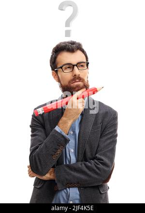Pensive teacher holding a big pencil and questioning with a question mark above his head isolated on white background Stock Photo