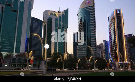 The skyline of Doha, in Qatar, with the buildings on the back Stock Photo