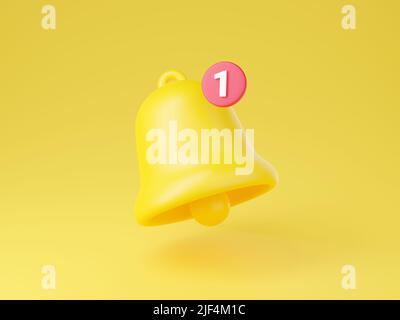 Notification bell icon 3d render - cute cartoon illustration of simple yellow bell with number one. Stock Photo