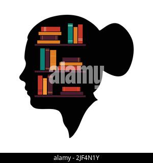 The brain is full of knowledge, Books library in head shape. Library bookshelves flat vector illustration. Stock Vector