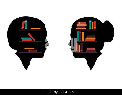 A book in the human head. Thinking of learning, useful information in form of books into silhouette of head. Stock Vector