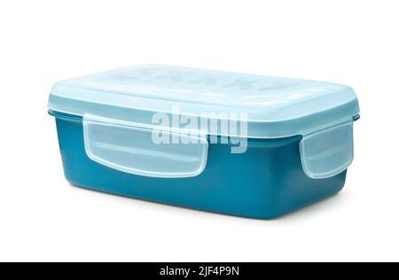Blue rectangular food storage container with clip lock isolated on white Stock Photo