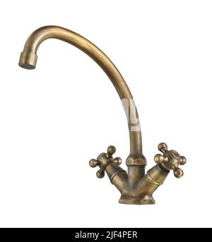 Old brass two handle bathroom faucet isolated on white Stock Photo