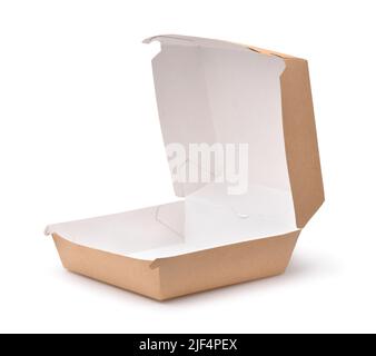 Open empty brown paper burger box isolated on white Stock Photo