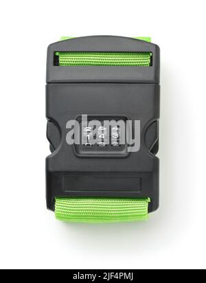 Front view of folded adjustable luggage strap with combination lock isolated on white Stock Photo