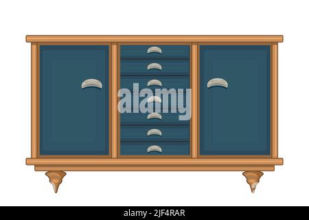 Chest of drawers. Blue wooden commode on little legs.Piece of bedroom furniture and home interior.Dresser or console table for bedroom and living room Stock Vector