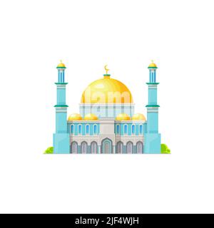 Muslim mosque vector building with gold dome, Islam religion architecture. Cartoon islamic mosque or masjid with minaret towers and gold crescents, house of prayer, Muslim worship place Stock Vector