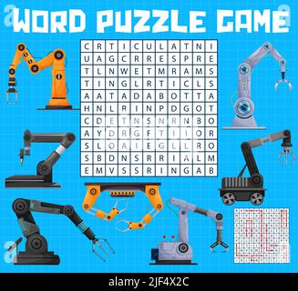 Robot arms on factory word search puzzle game worksheet. Child quiz ...