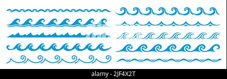 Sea and ocean surf wave lines, blue water borders and frame, vector pattern. Wave frame borders and wavy line separators with tide ripples, zigzag curves and curls, linear boarders and frames Stock Vector