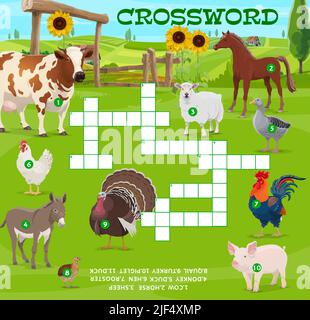 Farm animals and farm, crossword puzzle game grid, vector quiz worksheet. Guess word riddle game or crossword with farm cattle cow, horse and donkey, pig with sheep and quail or duck Stock Vector