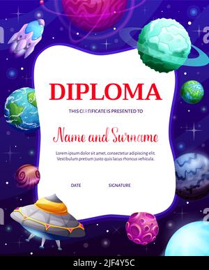 Kids diploma. UFO and space rocket in galaxy, vector education certificate. Fantastic space planets and stars in galaxy starry nebula sky with alien spaceship, galactic shuttle Stock Vector