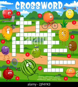 Cartoon fruits characters go in for sports crossword puzzle game grid. Find a word quiz vector worksheet on background of sport area with apple, orange, mango and pineapple, watermelon, kiwi personage Stock Vector