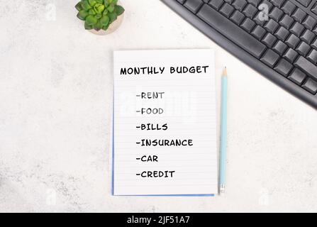 List with the monthly budget for rent, food, insurance, paying bills and credits, financial planning, calculate the expenses, increase of living costs Stock Photo