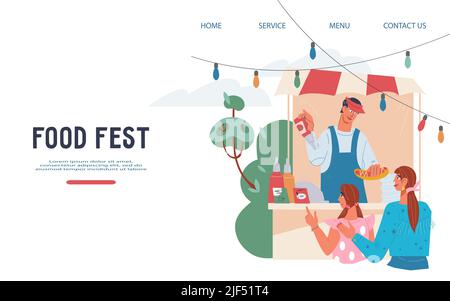 Food fest or street food festival website banner layout with people buying snacks in in mobile street cafe, flat vector illustration. Stock Vector