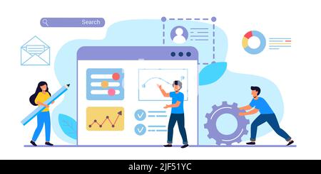 Building website project as programming homepage process Tiny person Vector illustration concepts for website and mobile website development. Abstract Stock Vector