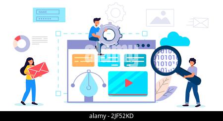 Building website project as programming homepage process Tiny person Vector illustration concepts for website and mobile website development. Abstract Stock Vector