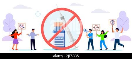 Anti vaccination protest Flat vector illustration Vaccine refusal Mandatory immunization Vaccination hesitancy No vax concept. Patients with doctor an Stock Vector